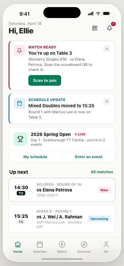 iMatch match-day home showing the next court call
